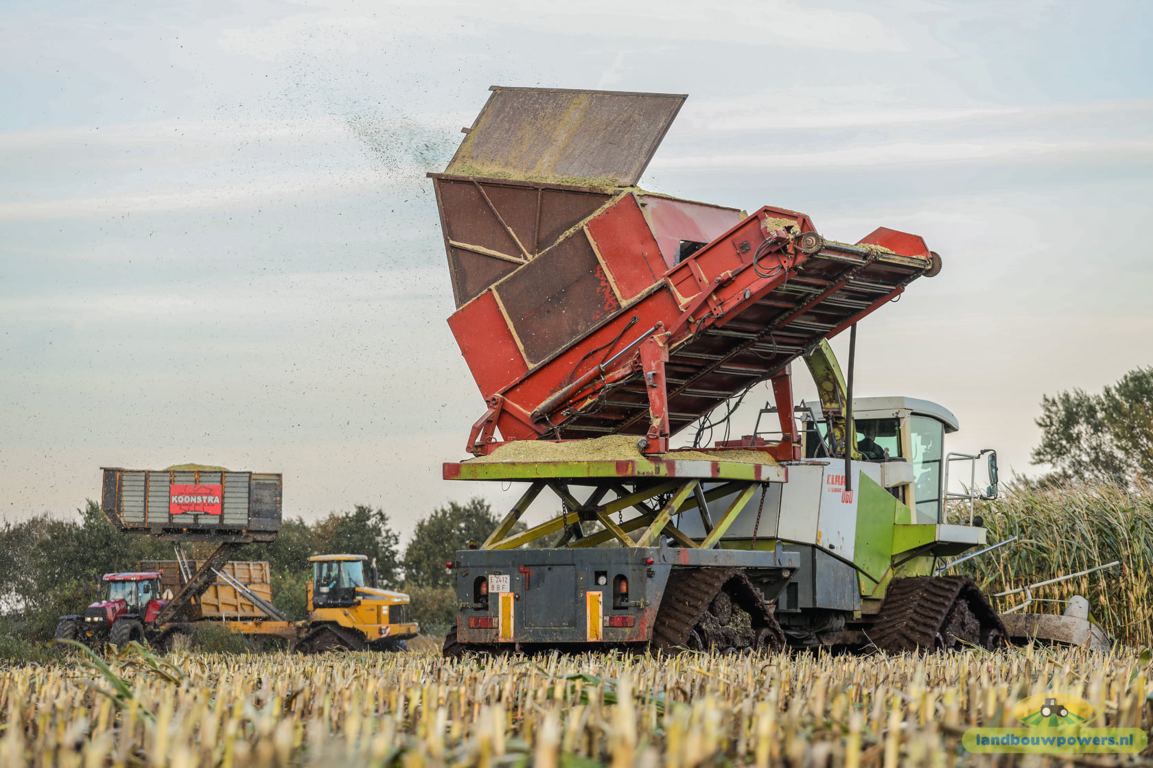Koonstra maisoogst op rupsen met  Claas 860 bunkerhakselaar met Terra Gator rupsdumper 